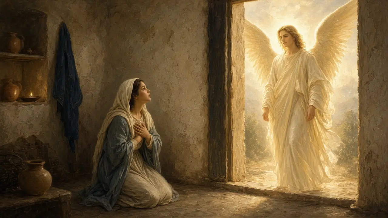 Painting of Mary kneeling with hand on heart in a simple stone room as a radiant angel stands in the doorway