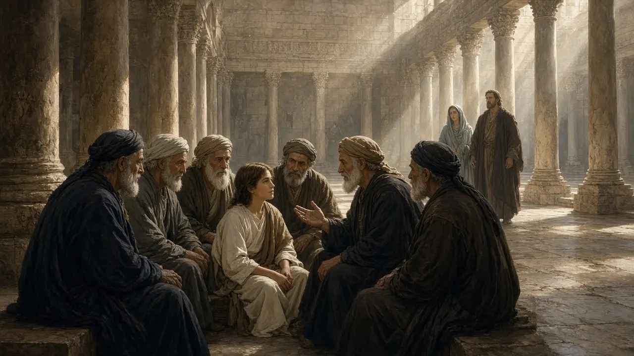 Painting of the boy Jesus seated among bearded teachers in a colonnaded temple court as Mary and Joseph approach