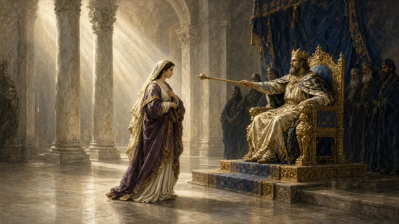 Painting of Queen Esther approaching the enthroned king, who extends a golden scepter toward her in a sunlit pillared hall