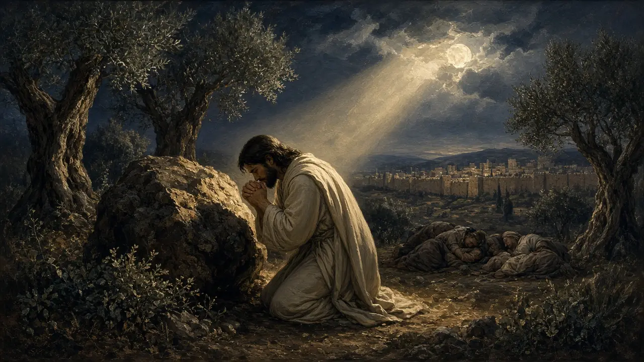 Painting of Jesus kneeling in prayer against a rock beneath an olive tree at night as moonlight falls and disciples sleep nearby