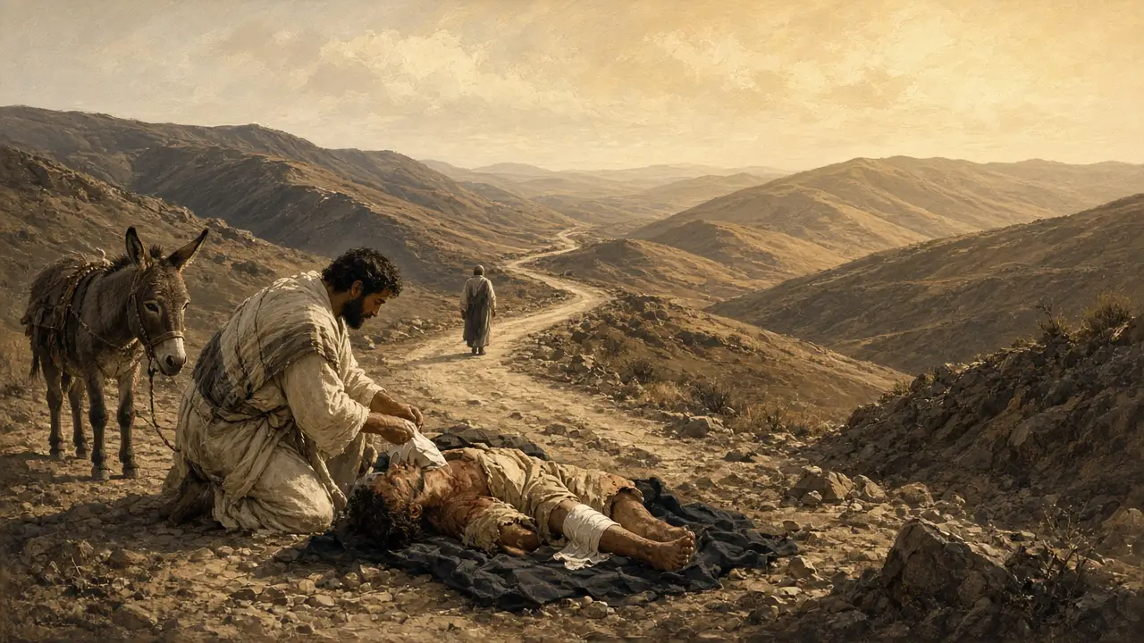 Painting of a Samaritan kneeling to bandage a wounded man lying by a winding desert road, his donkey beside him and a traveler walking away