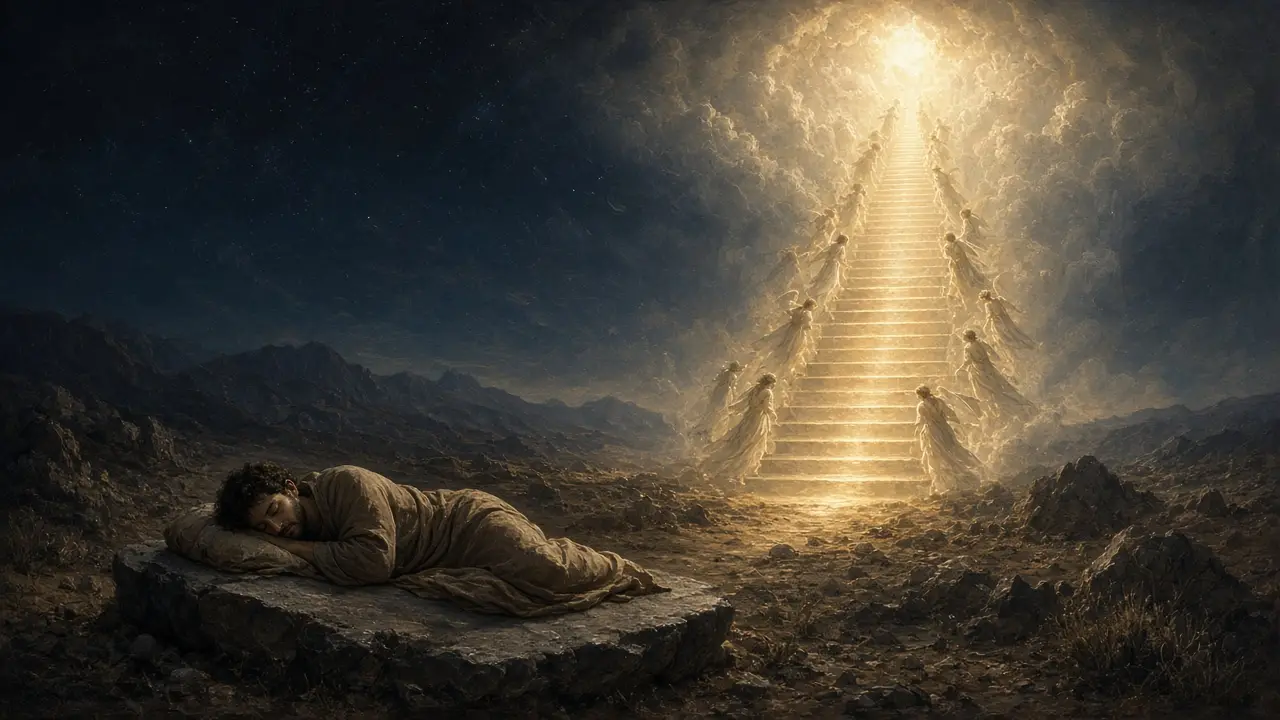 Painting of Jacob asleep on rocky ground with a glowing stairway of light rising into the clouds, angels on its steps