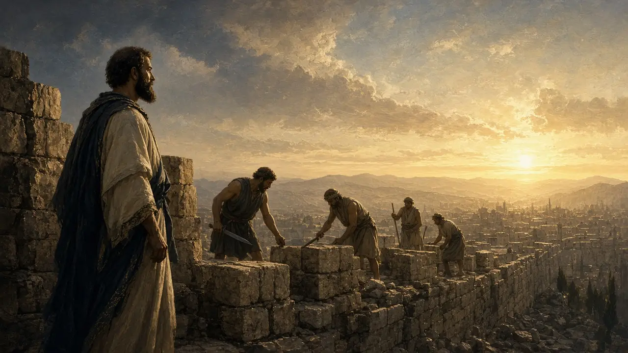 Painting of Nehemiah overseeing workers setting stones in Jerusalem’s rebuilt wall at sunrise