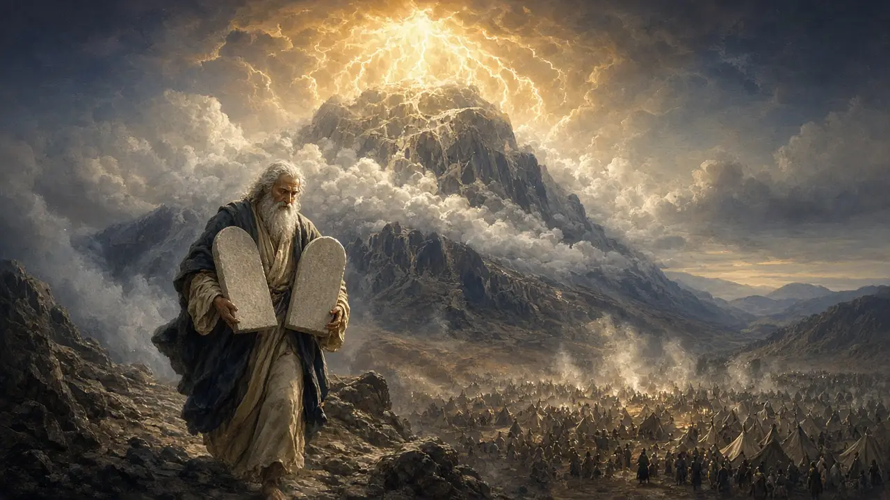 Painting of Moses carrying two stone tablets down from a storm-wrapped, lightning-lit mountain toward the camp below