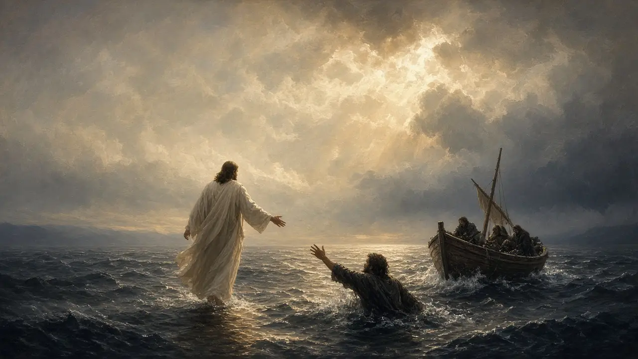 Painting of Jesus walking on stormy waves, reaching toward Peter sinking in the water beside the disciples’ boat
